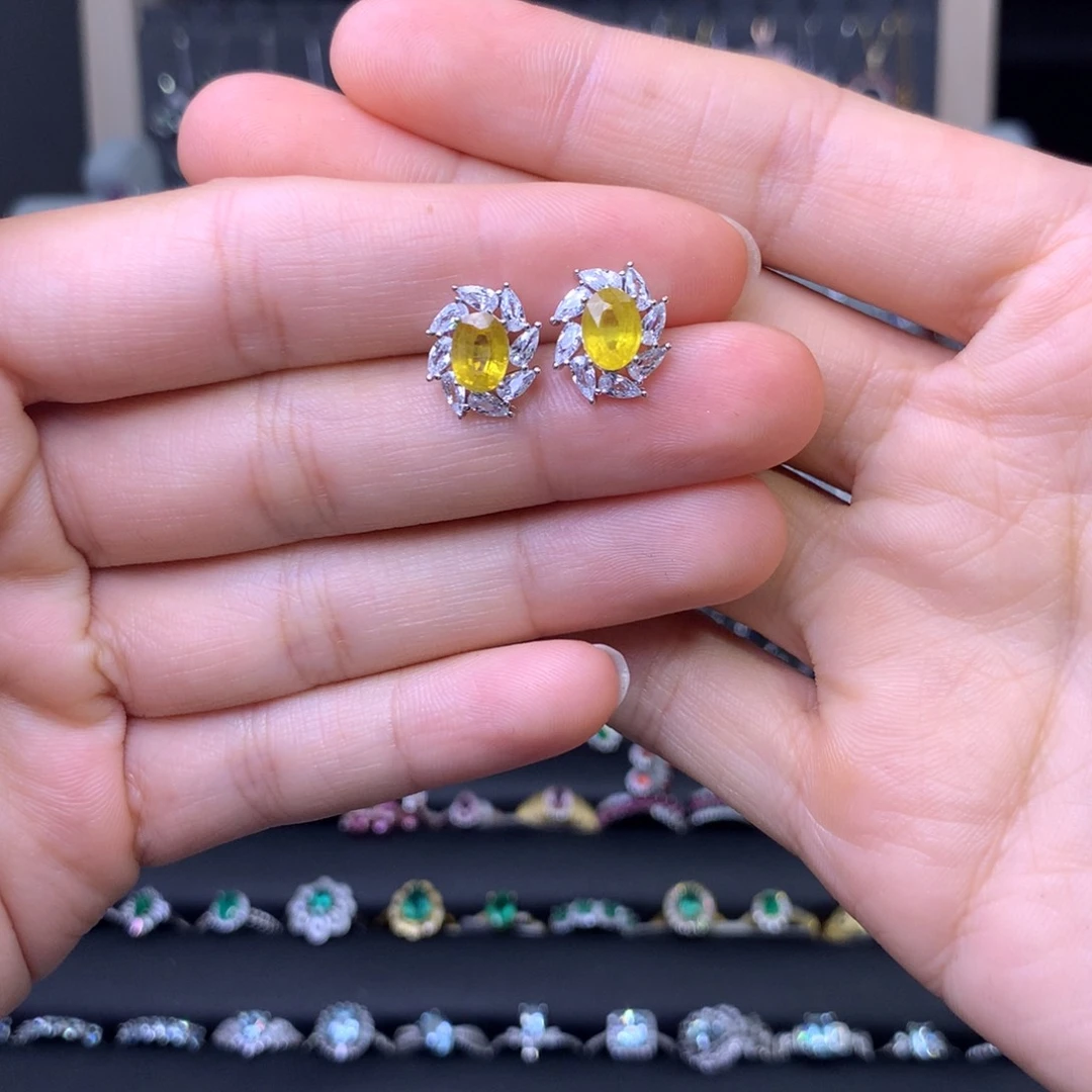 彩色蓝宝石耳环银S925镶嵌