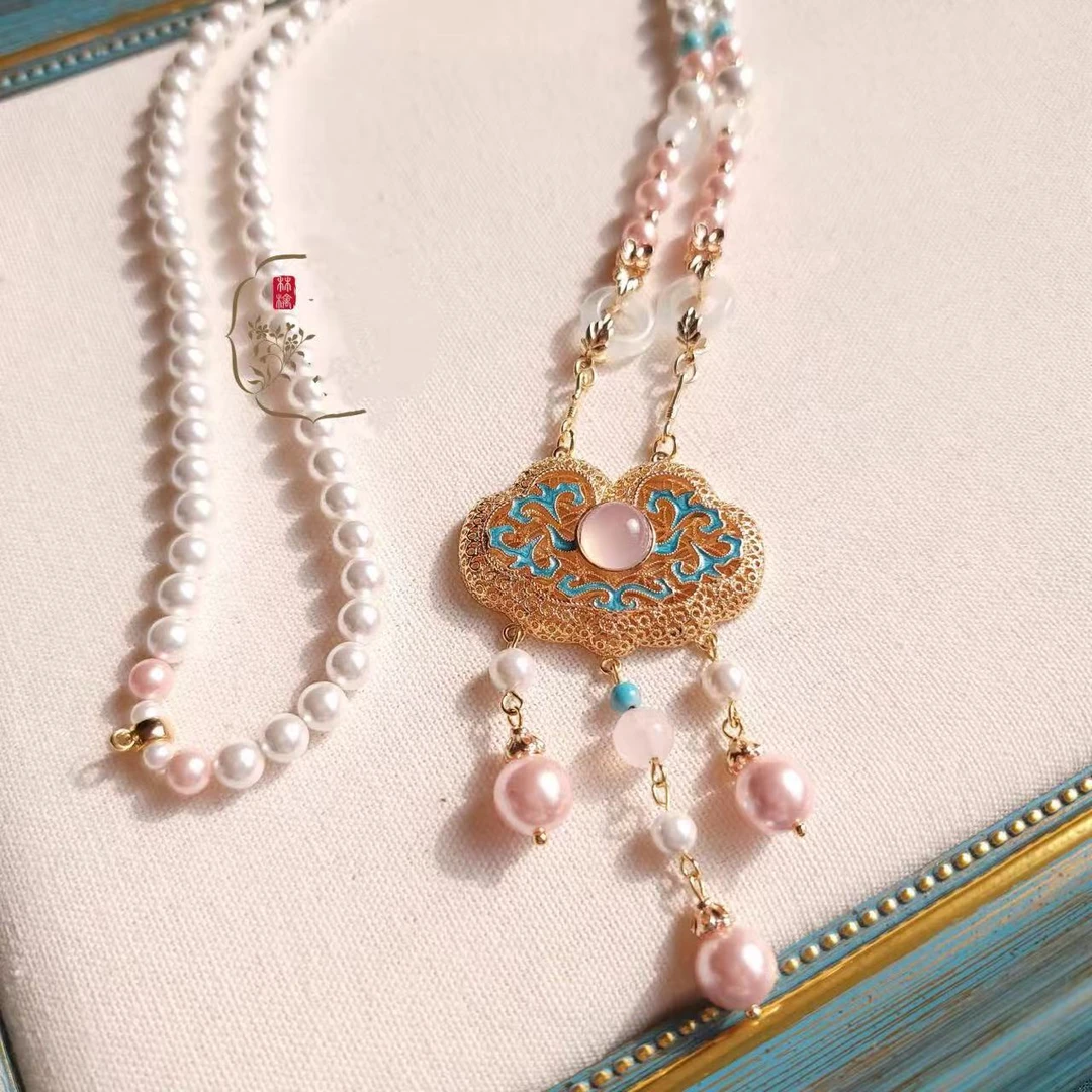 铜合金项链 粉贝珠流苏长背云软璎珞马面新年汉服古风项链