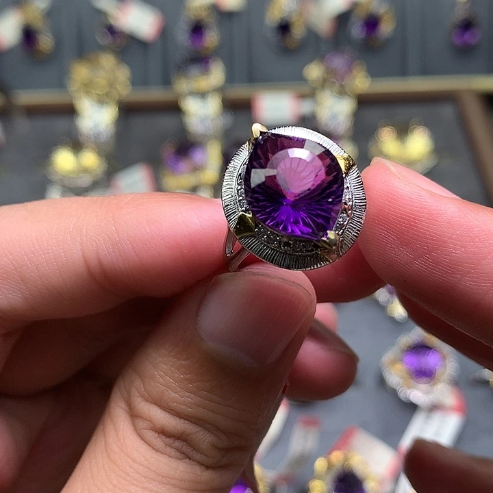 戒指水晶银S925镀金镶嵌