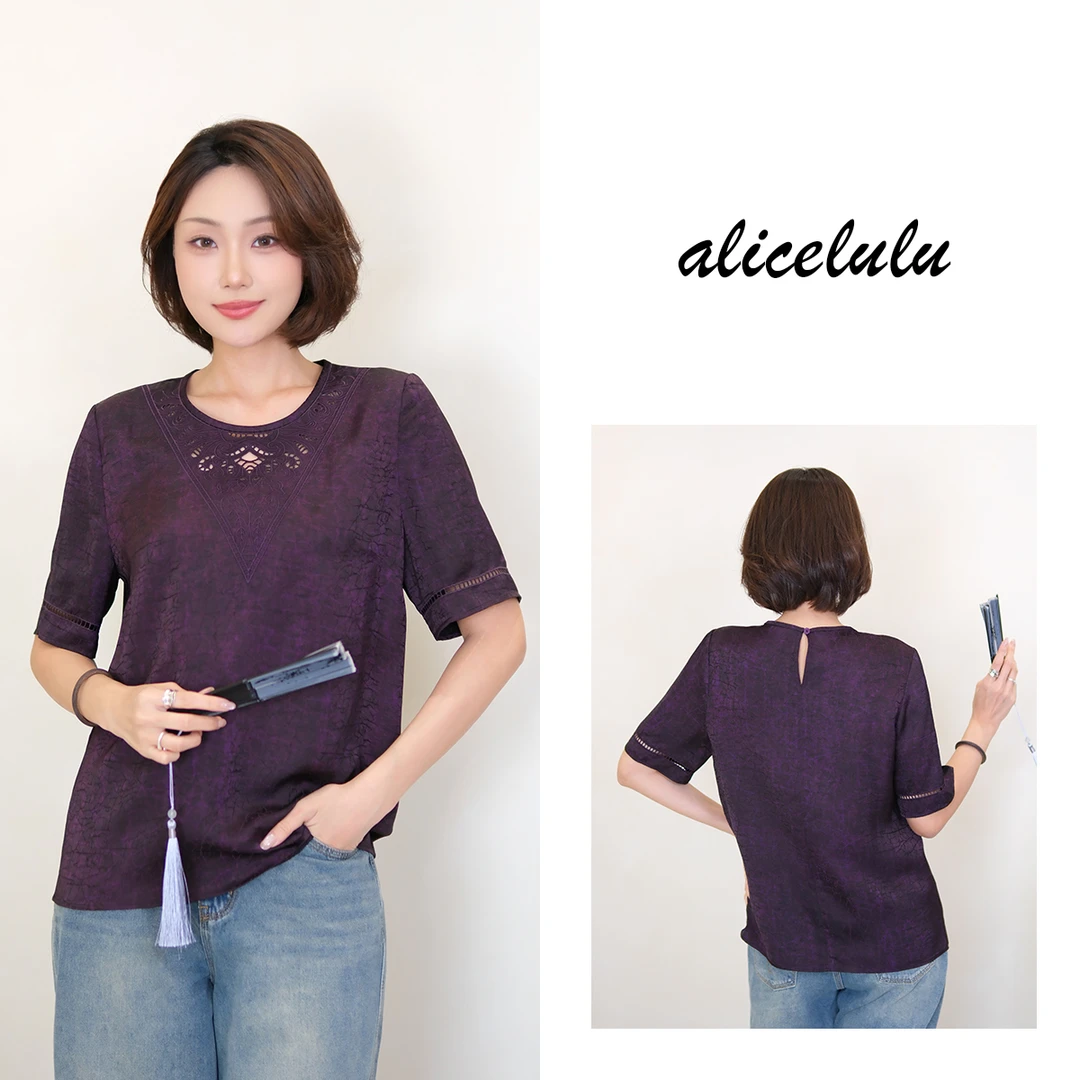 [alicelulu]新款轻奢蕾丝钩花镂空短袖衬衫上衣S2143256E