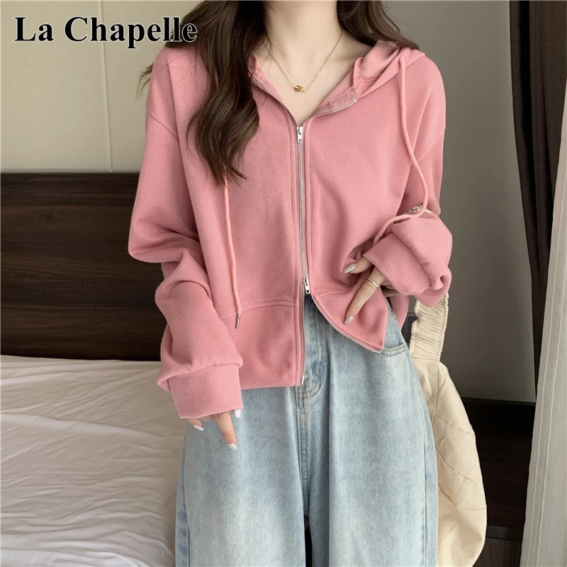 拉夏贝尔短款双拉链连帽粉色卫衣女秋冬季新款小个子针织开衫外套