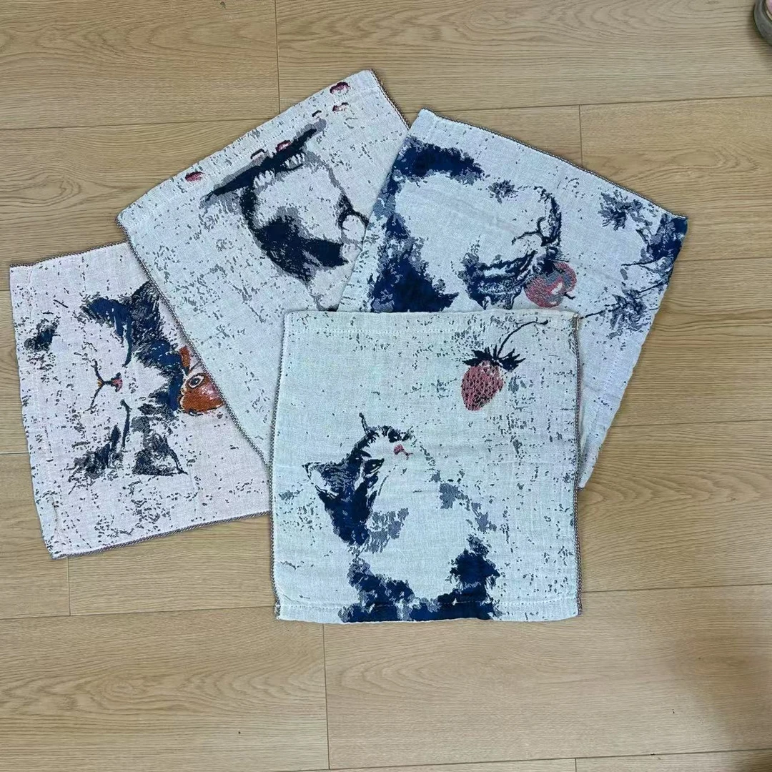 【方巾-猫咪4条装-35】35*35cm吸水纯棉方巾亲肤不掉毛不掉色
