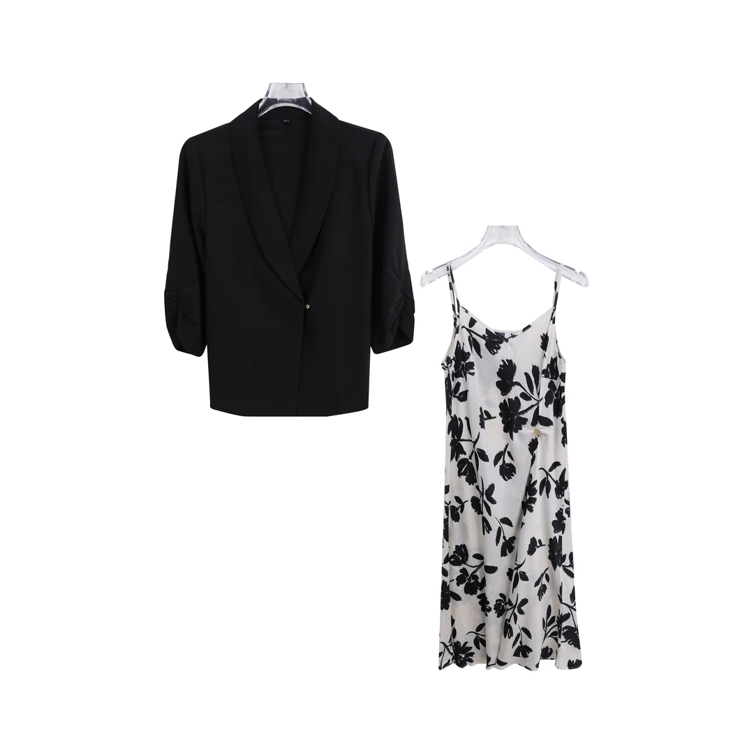 新款轻薄通勤透气西服外套印花吊带裙两件套A14454