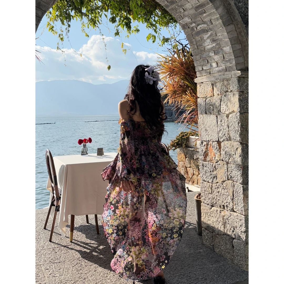 【现货】“限定浪漫”春夏绝美重工前短后长露肩性感碎花仙女裙