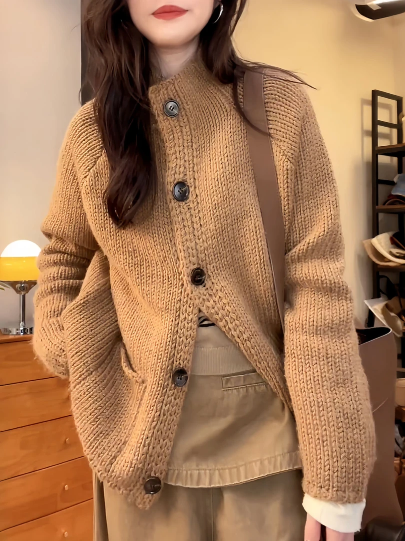 复古休闲百搭长袖针织开衫女2025秋季慵懒风时尚宽松显瘦毛衣外套