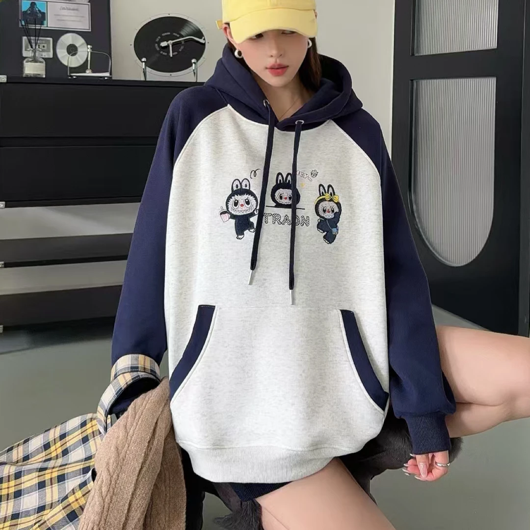 加绒常规袖连帽厚款拼接刺绣长袖卫衣秋冬加厚ins加绒