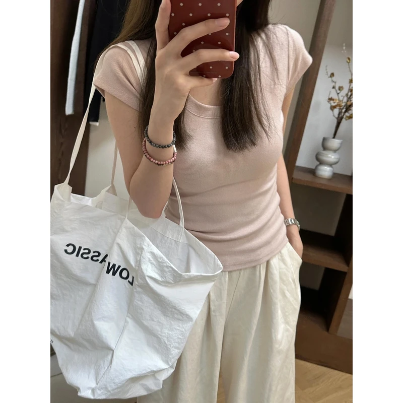 灰粉色正肩u领短袖T恤女夏季基础款百搭休闲甜辣收腰修身短款上衣