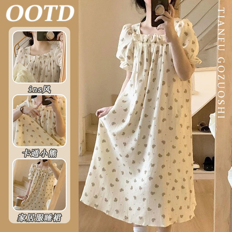 韩版ins睡裙女夏季新款短袖甜美小熊公主裙泡泡袖外穿睡衣家居服