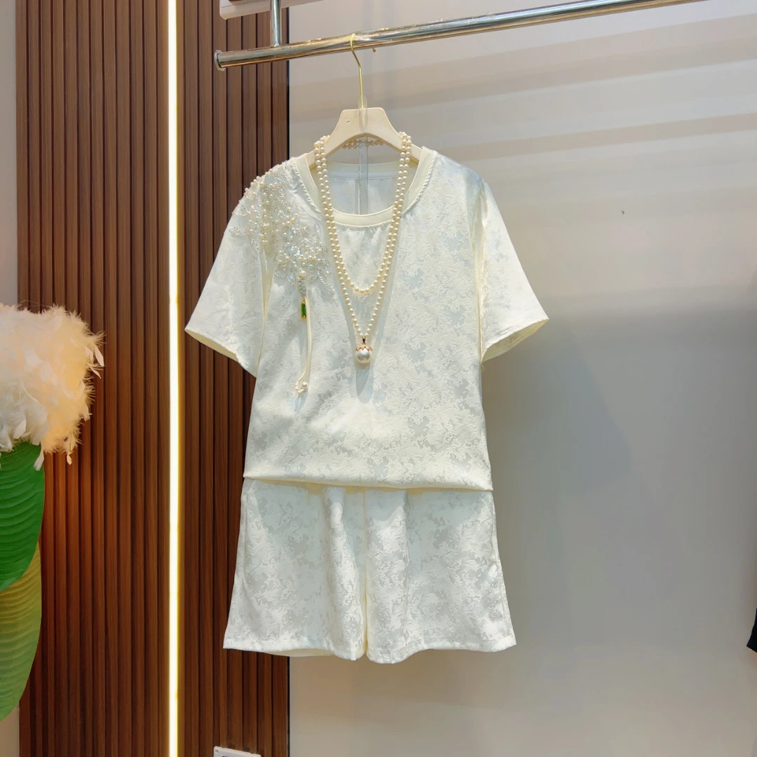 欧洲站2025新中式国风提花套装女夏季宽松百搭短裤两件套