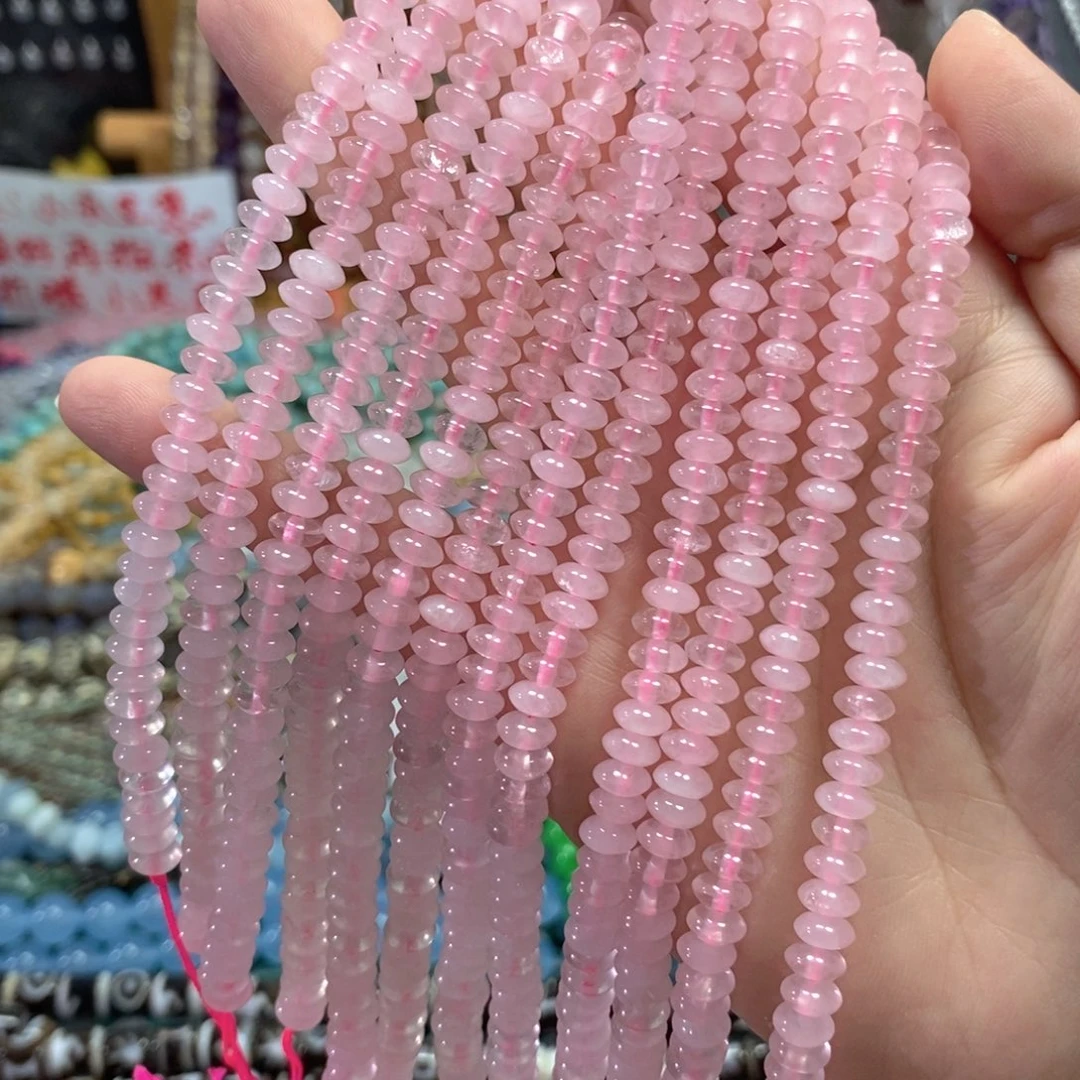 未镶嵌玛瑙/玉髓珠宝半成品粉晶飞碟一条卡6mm