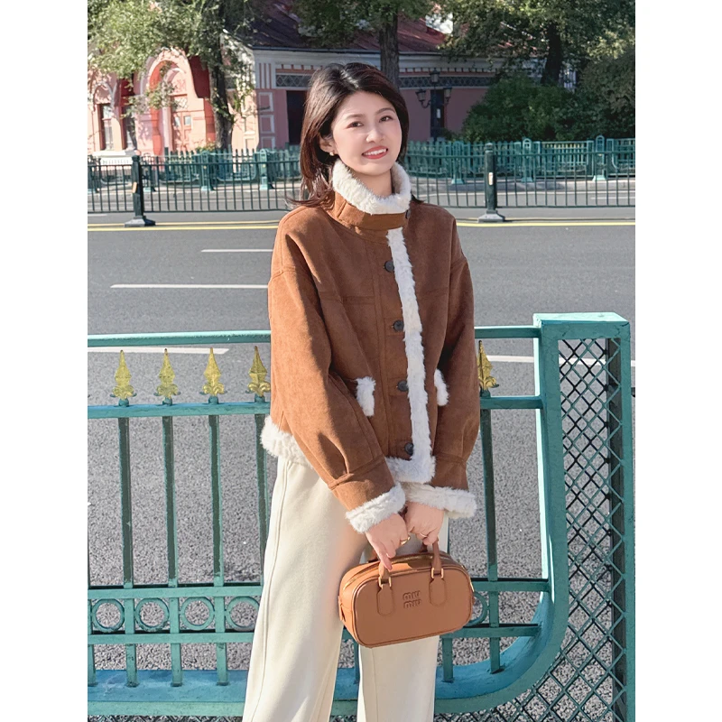 紫璐莱千金裘~复古感皮毛一体时尚拼接设计感咖色麂皮绒外套女35X