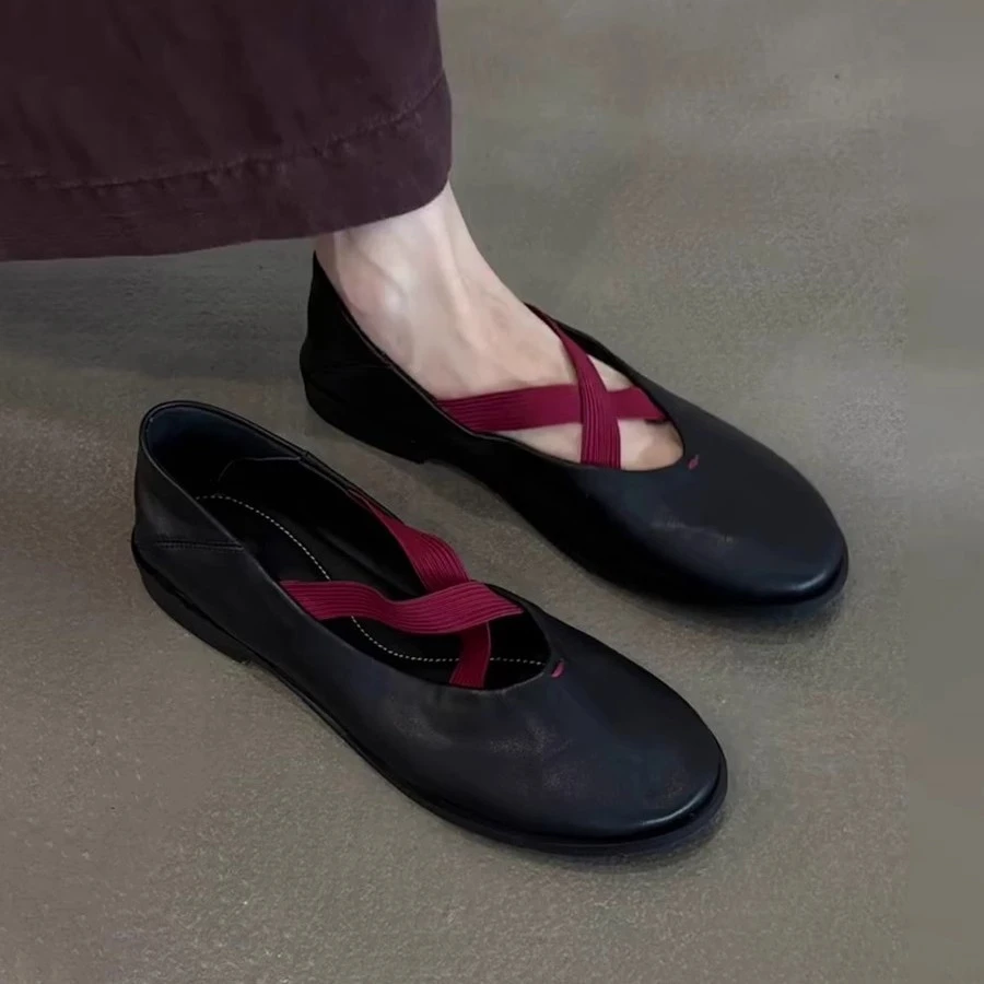 夏季软皮女单鞋羊皮版~软底圆法式气质复古交叉带软皮低跟夏日外