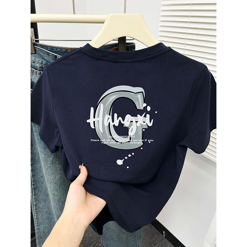 大码胖mm正肩短袖t恤女夏季百搭圆领字母前后印花显瘦半袖上衣潮