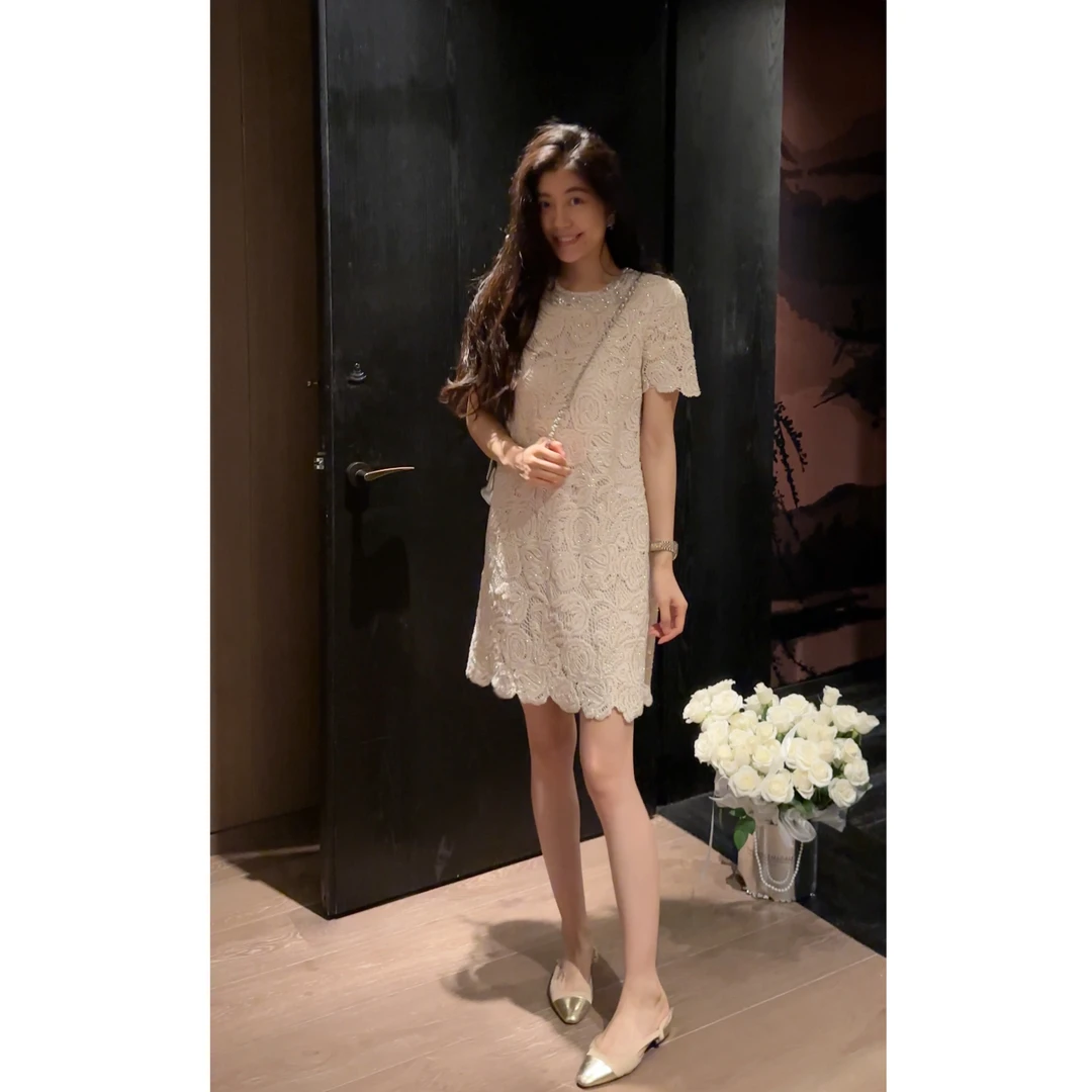 【N·COU】25夏新款【亮晶晶】纯棉镂空蕾丝显瘦连衣裙DY60835