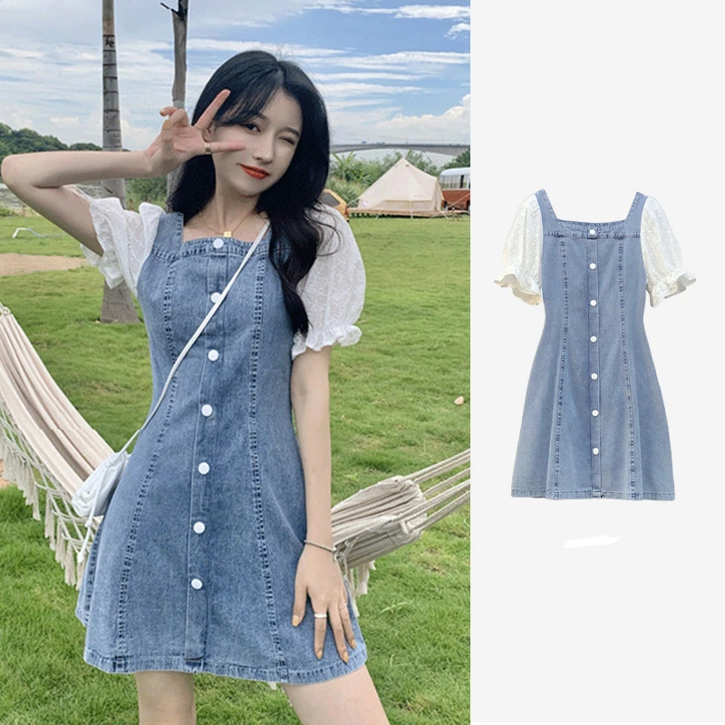2024年新款高级感法式小个子泡泡袖牛仔连衣裙子女夏季设计感小众
