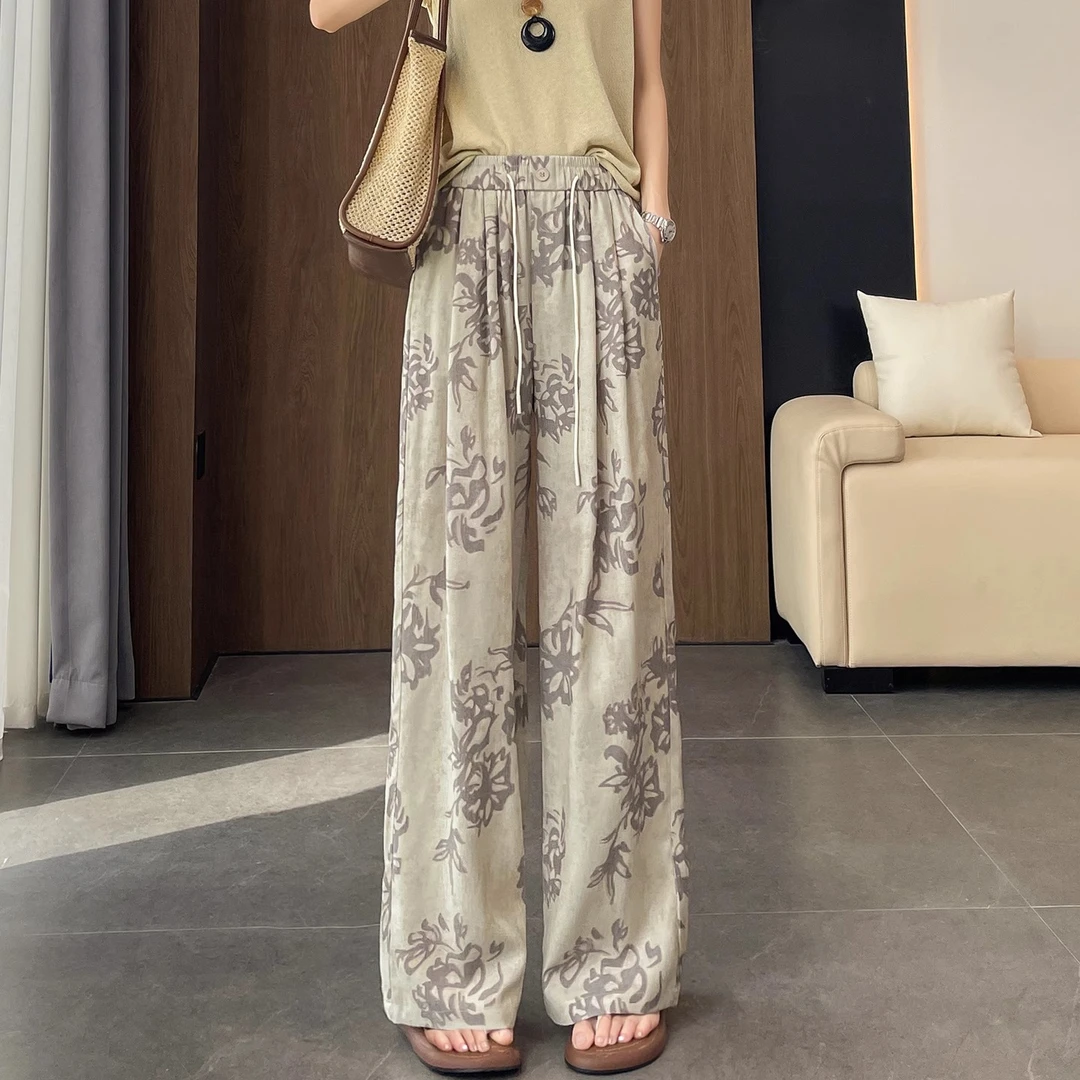 扎染印花亚麻西装裤女夏薄款2025新款高腰宽松垂感冰丝亚麻阔腿裤