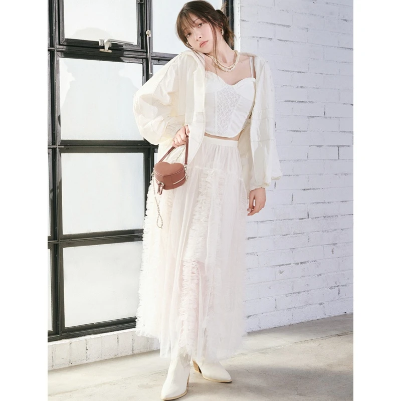 【六哥家】 杂志款 L 个性荷叶边褶皱网纱薄纱高腰半身裙