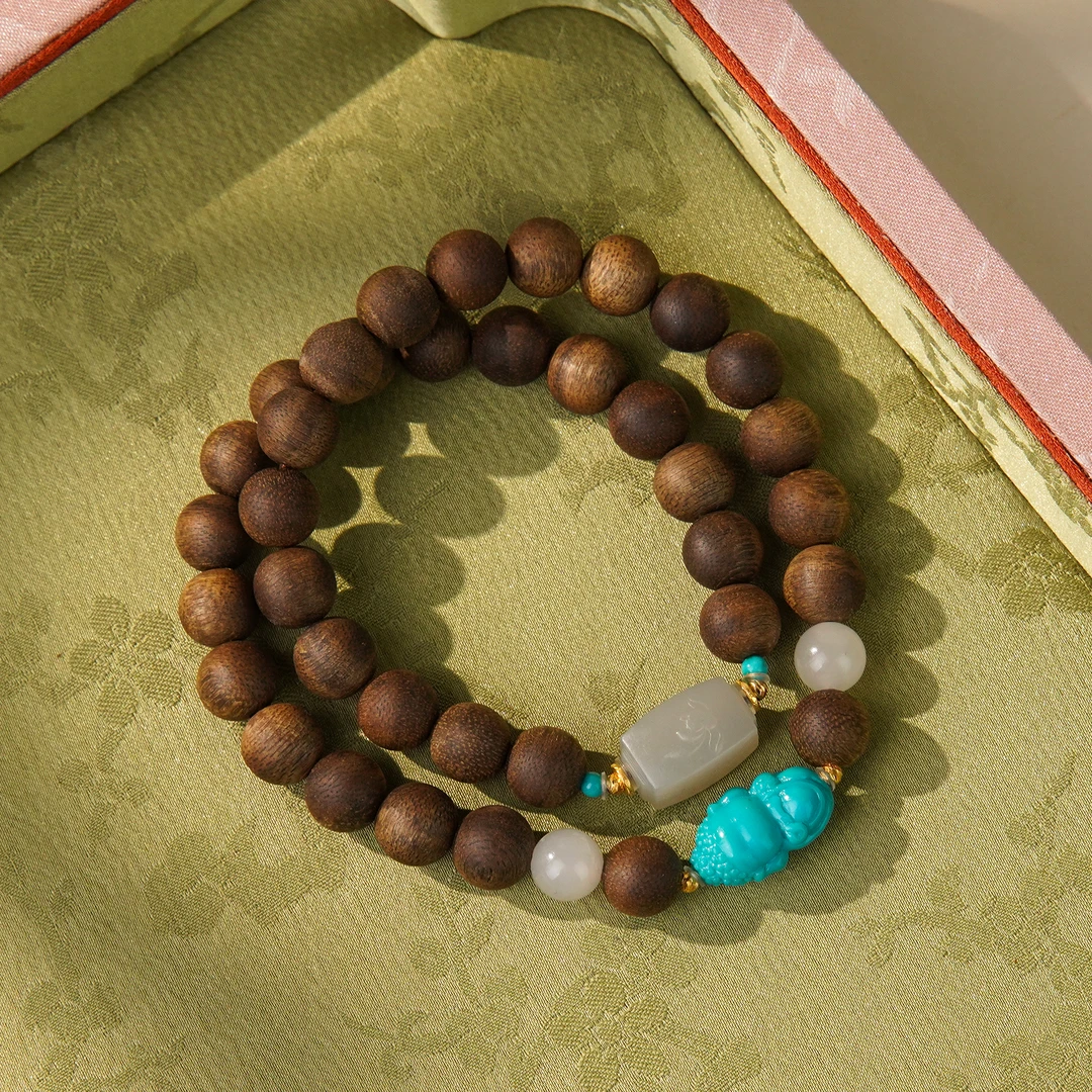 沉香沉水白奇楠0.8DIY绿松无相和田玉18k沉香手串/CX00652