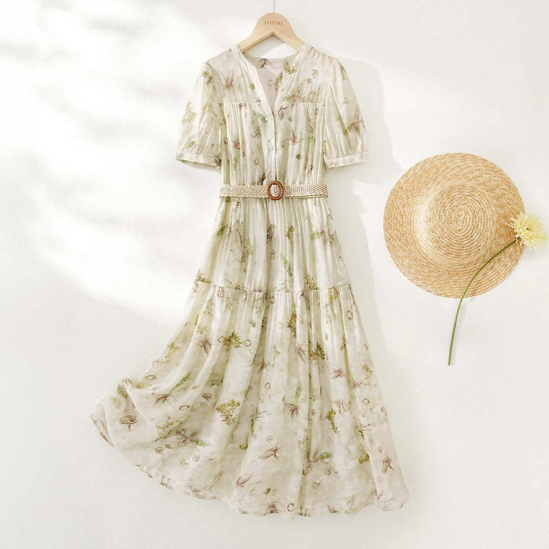 IHIMI/海谧2025夏款 轻度假休闲印花编织腰带V领印花连衣裙女8156