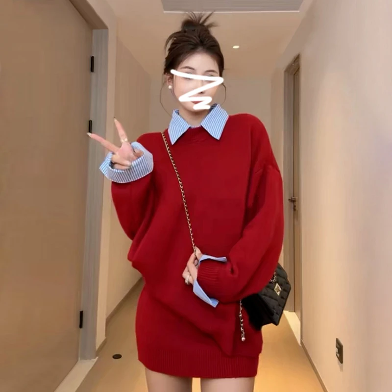 圣诞穿搭红色毛衣连衣裙子女装秋冬短裙高级感针织套装9778