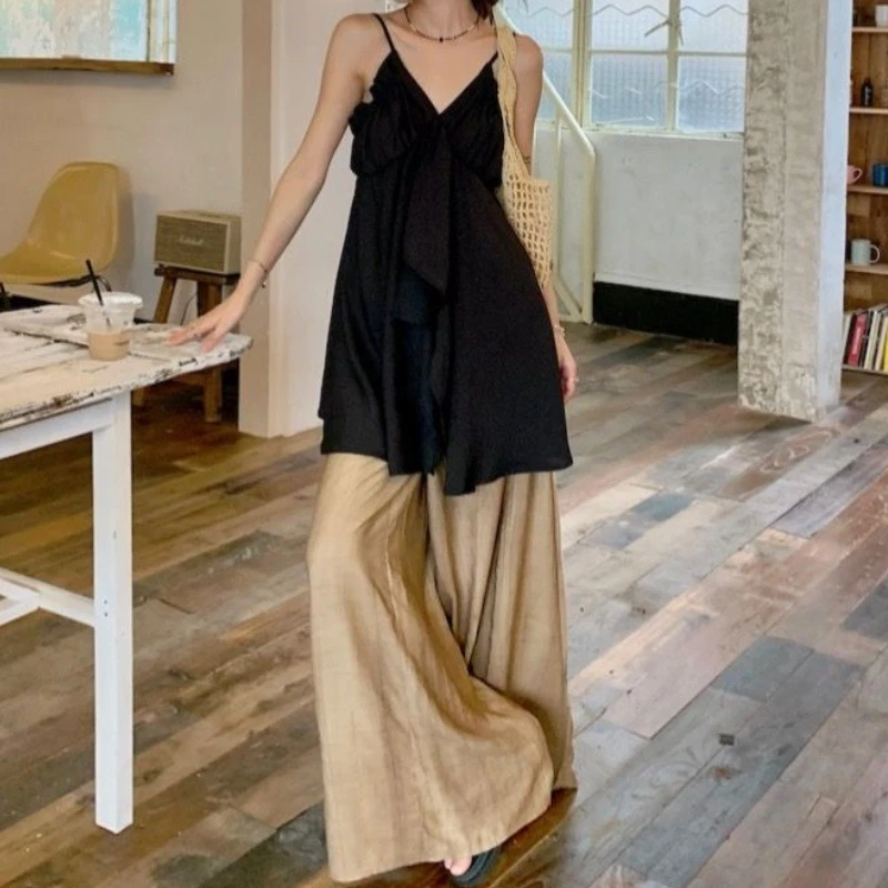 生椰甜酷不规则领宽松吊带气质背心女2025年夏季度假风两件套套装