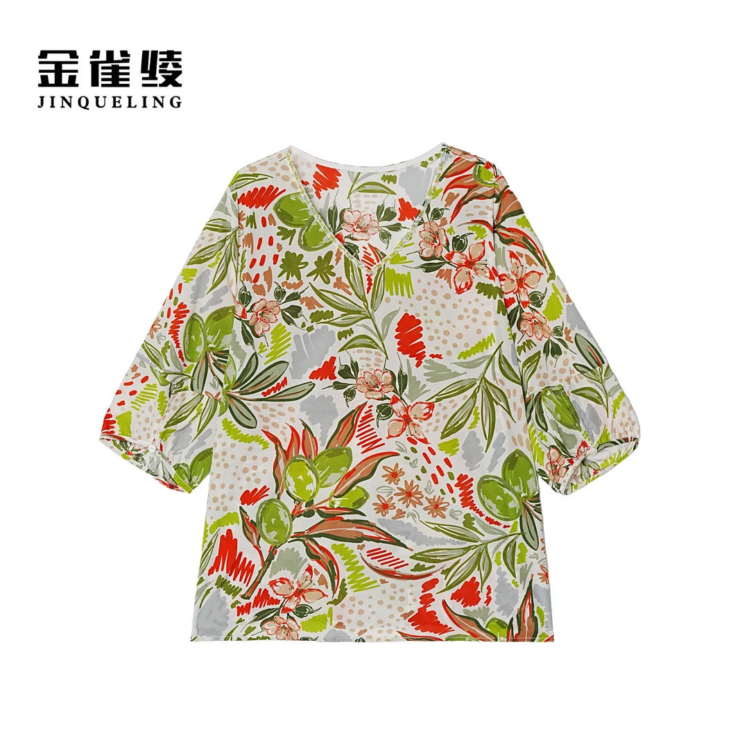 金雀绫【热带雨林】桑蚕丝V领透气满印加宽加大小衫SZA2S319