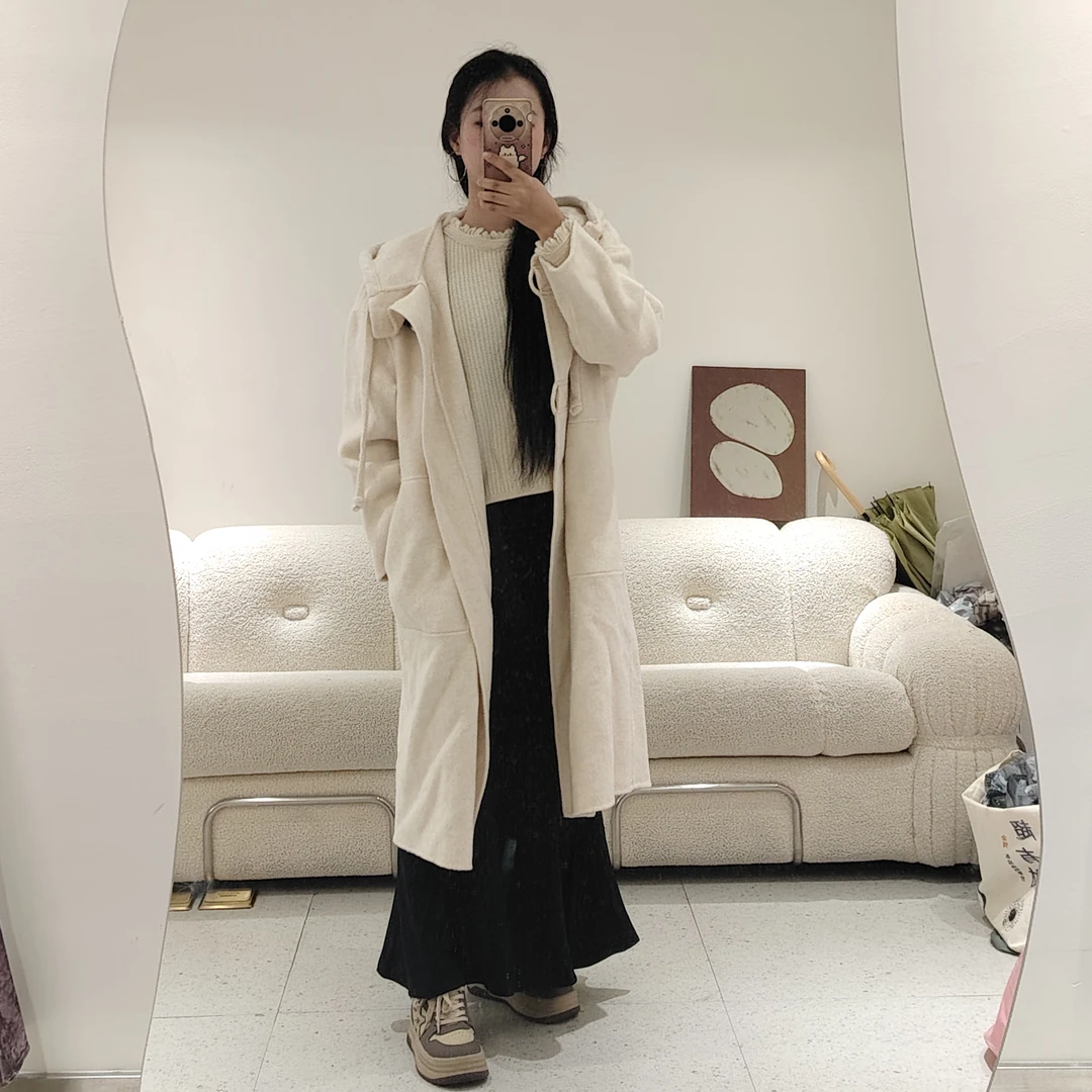 R18女保暖百搭连帽外套毛呢外套常规长款秋冬立领设计师