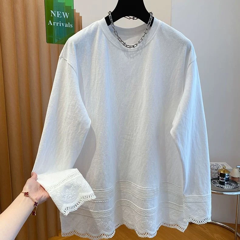 纯棉大码胖mm2-300斤长袖t恤女春秋宽松绝美内搭蕾丝拼接打底上衣