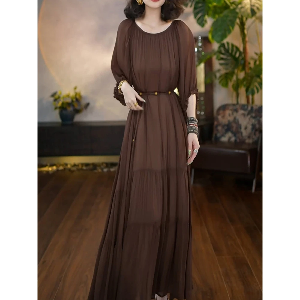 送腰带!端庄大气纯色连衣裙女2025夏季新款圆领减龄气质显瘦A字裙