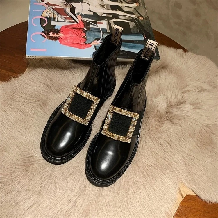 靴子孤品：真皮羊皮牛皮牛漆皮方扣厚底海豚靴子羊反绒靴子女士靴