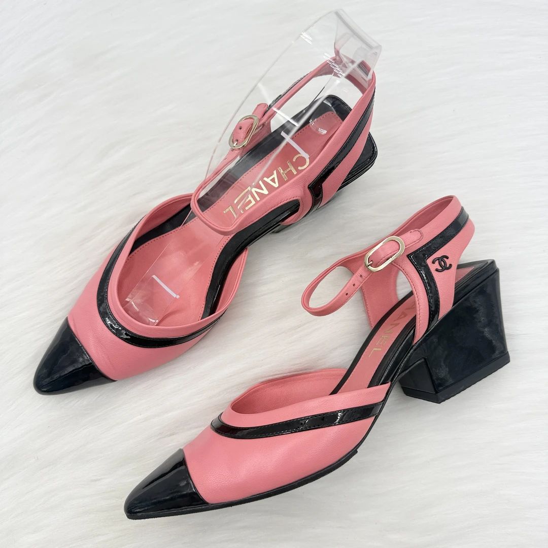 99新 Chanel/香奈儿 黑粉拼色尖头凉鞋 36码 公价9k j9037