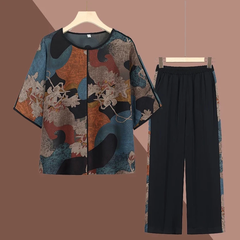 奶奶夏装冰丝七分袖T恤+九分裤两件装中老年女妈妈套装老太太衣服