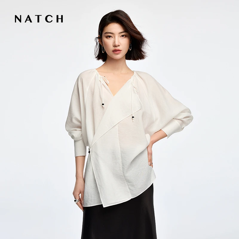 NATCH/南枳不规则设计感衬衫女2025秋季新款衬衣缩褶系带天丝亚麻