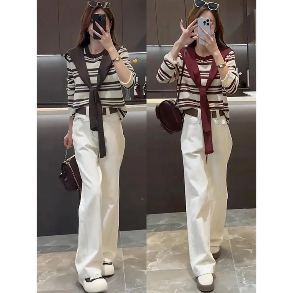 条纹针织衫休闲裤两件套女2025秋季新款超好看小个子气质显瘦套装