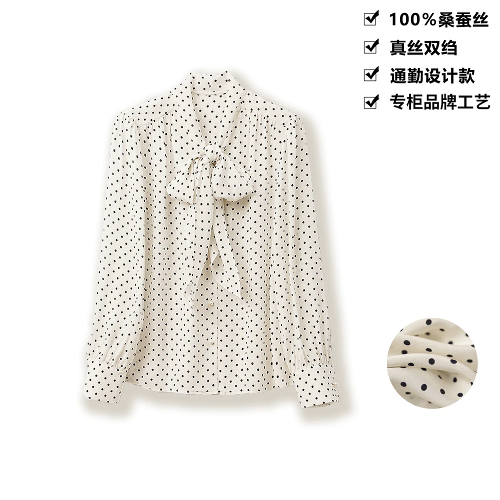 100桑蚕丝真丝衬衫法式波点飘带设计感轻奢桑蚕丝衬衣女上衣CY09