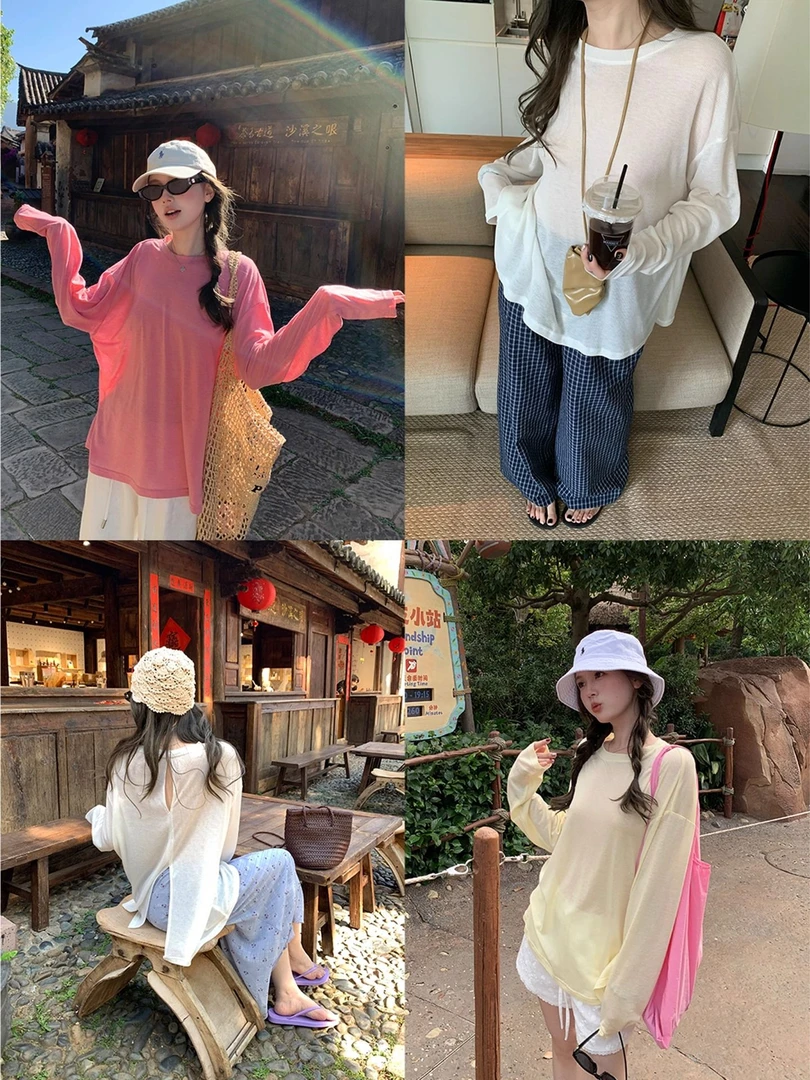 夏日慵懒后背镂空面膜长袖T恤防晒罩衫女