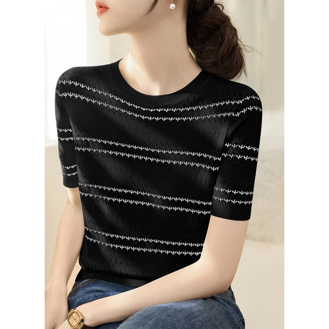 2025夏季新款女装黑色宽松圆领短袖针织衫莱赛尔天丝条纹T恤上衣