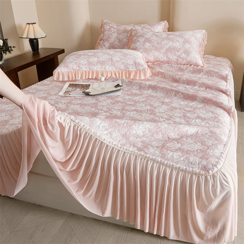 法式浪漫夏季凉感床裙款冰丝席三件套夏天丝滑裸睡空调席可机洗