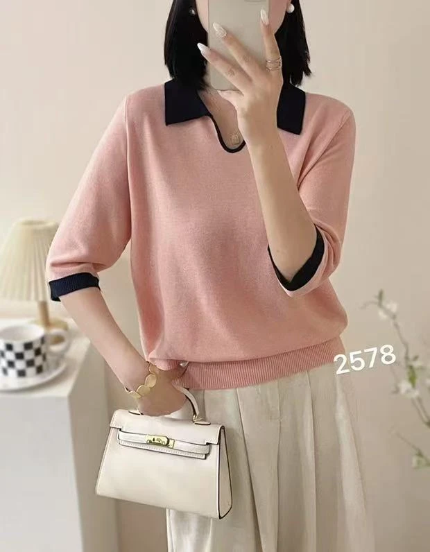 秋款七分袖薄款短款U型领毛针织衫百搭