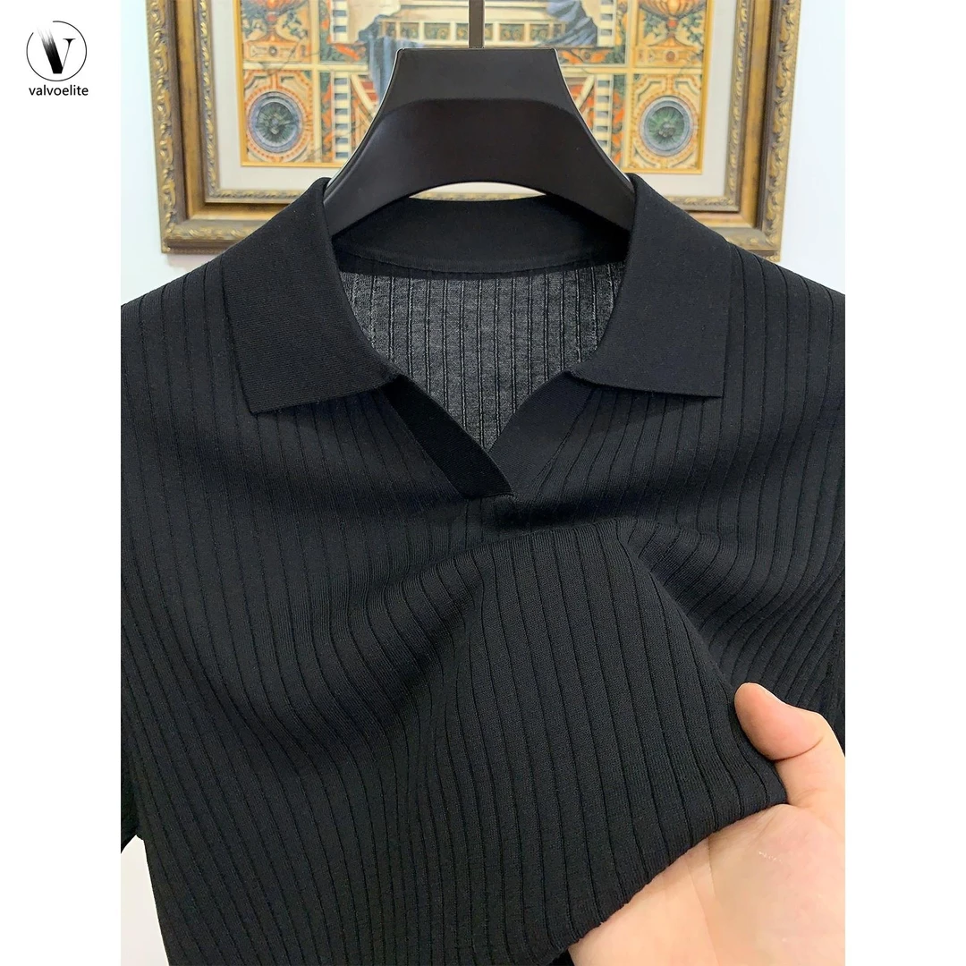 VALVOELITE夏季2025新款翻领短袖海鸥领体恤男士商务休闲纯色上衣