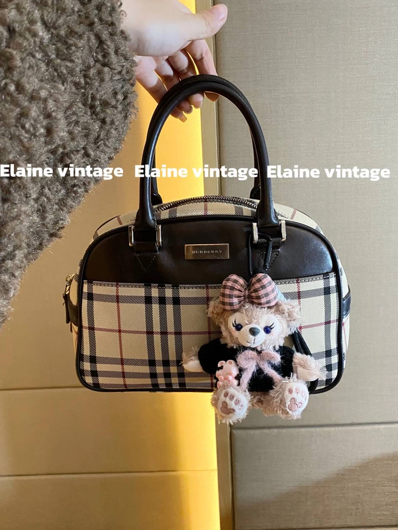 95新 BURBERRY/博柏利 经典格纹设计保龄球手提包