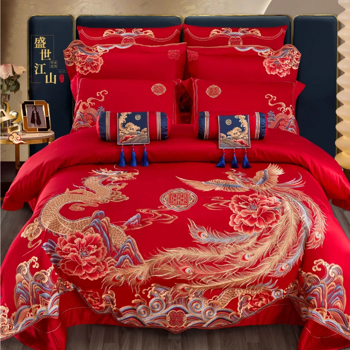 【盛世江山】100支100%长绒棉高端婚庆提花四件套刺绣中国红喜庆