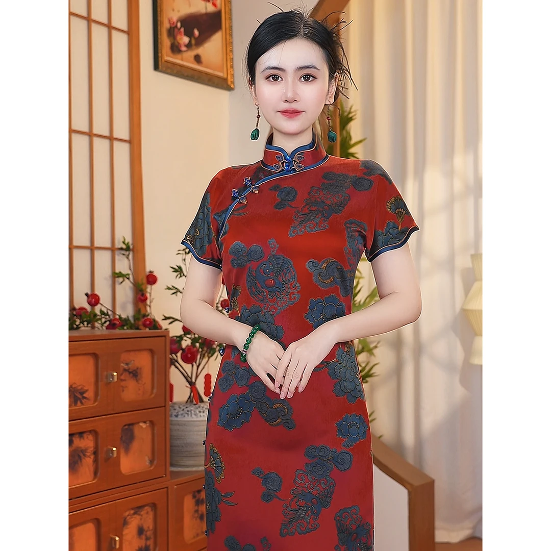靓影儿「国色芳华」原创桑蚕丝重缎香云纱国风牡丹气质高端旗袍