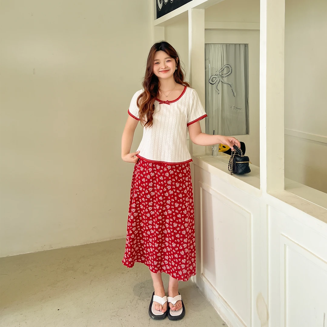 【夏季新品】大码百分百时尚显瘦百搭甜美撞色碎花上衣/半身裙1277