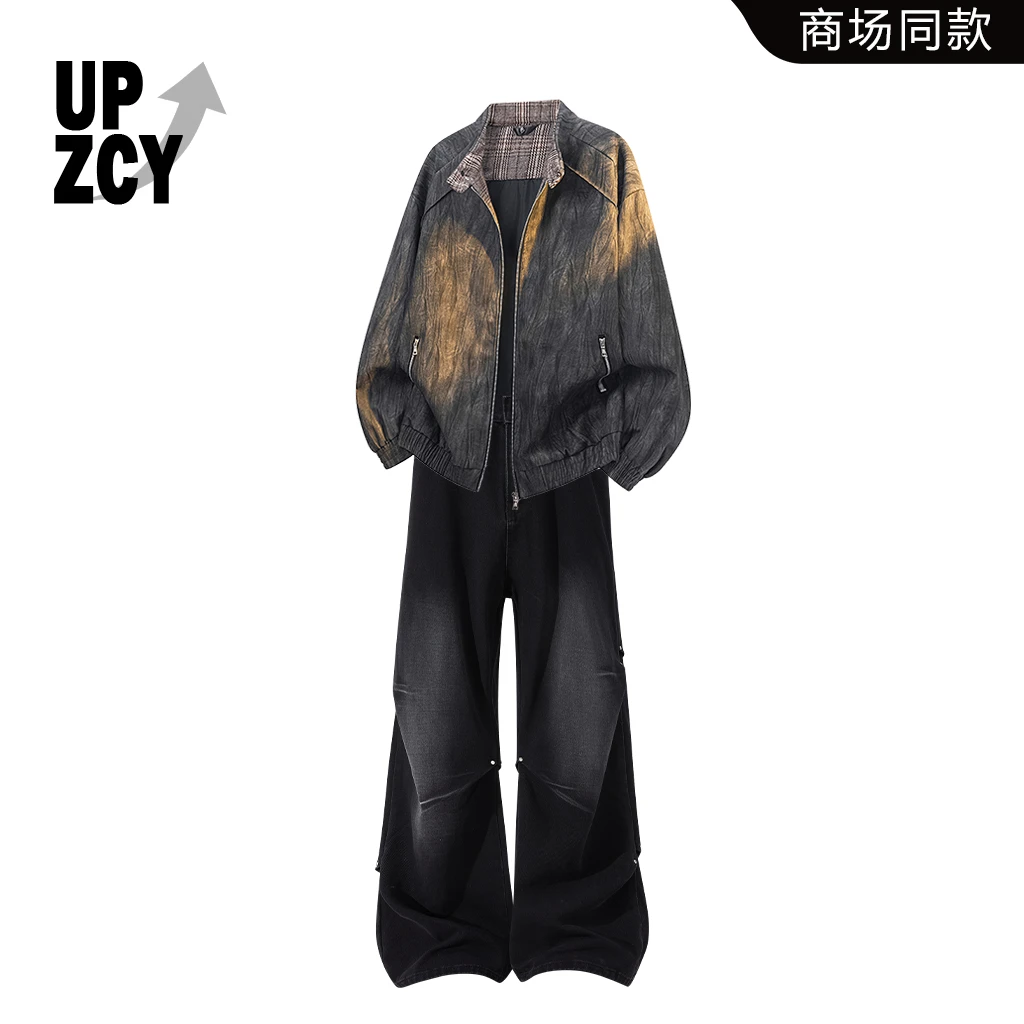 UPZCY美式复古街头拼色夹克两件套2025年男士秋冬新款时尚牛仔裤