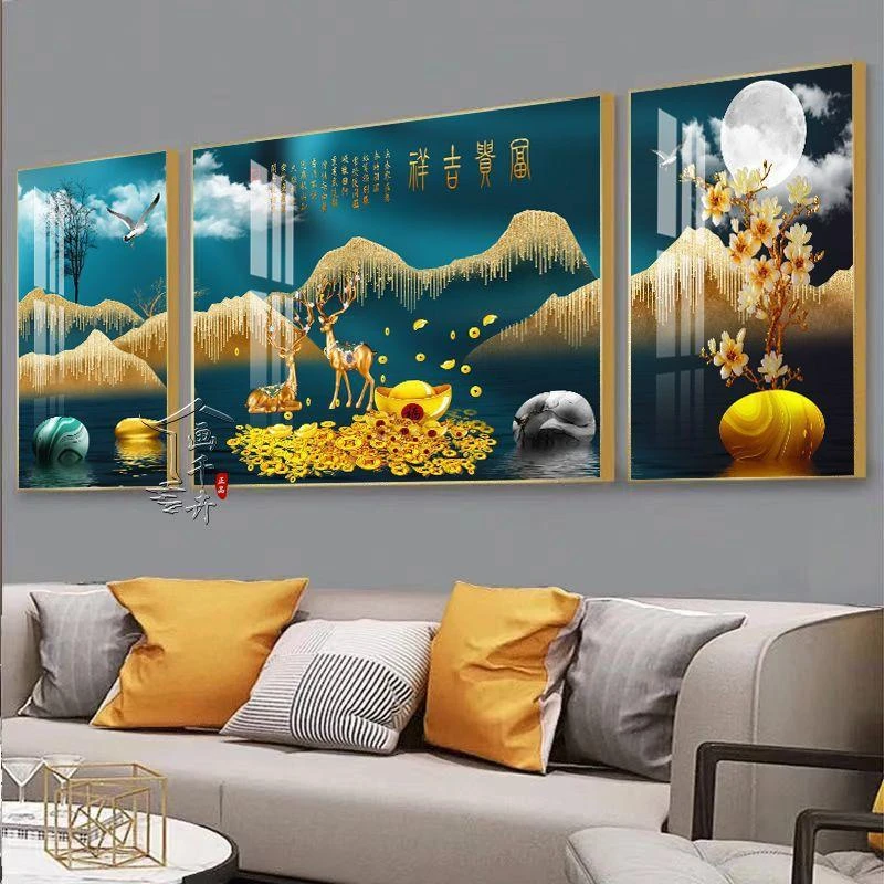 现代壁画高级感客厅沙发背景墙装饰画山水挂画大气晶瓷北欧三联画