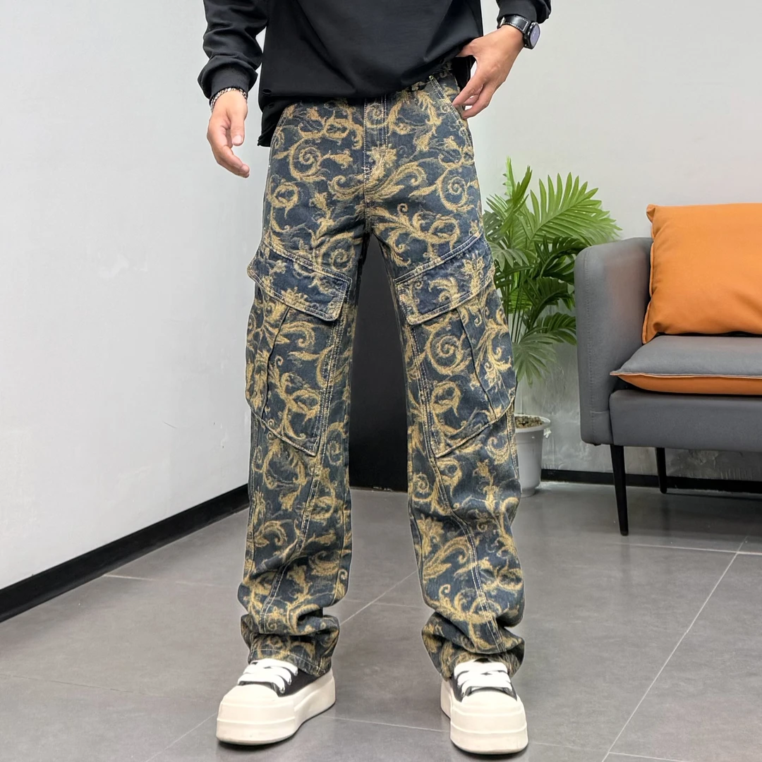 美式高端印花牛仔裤男潮牌拼接多口袋宽松直筒百搭休闲长裤子