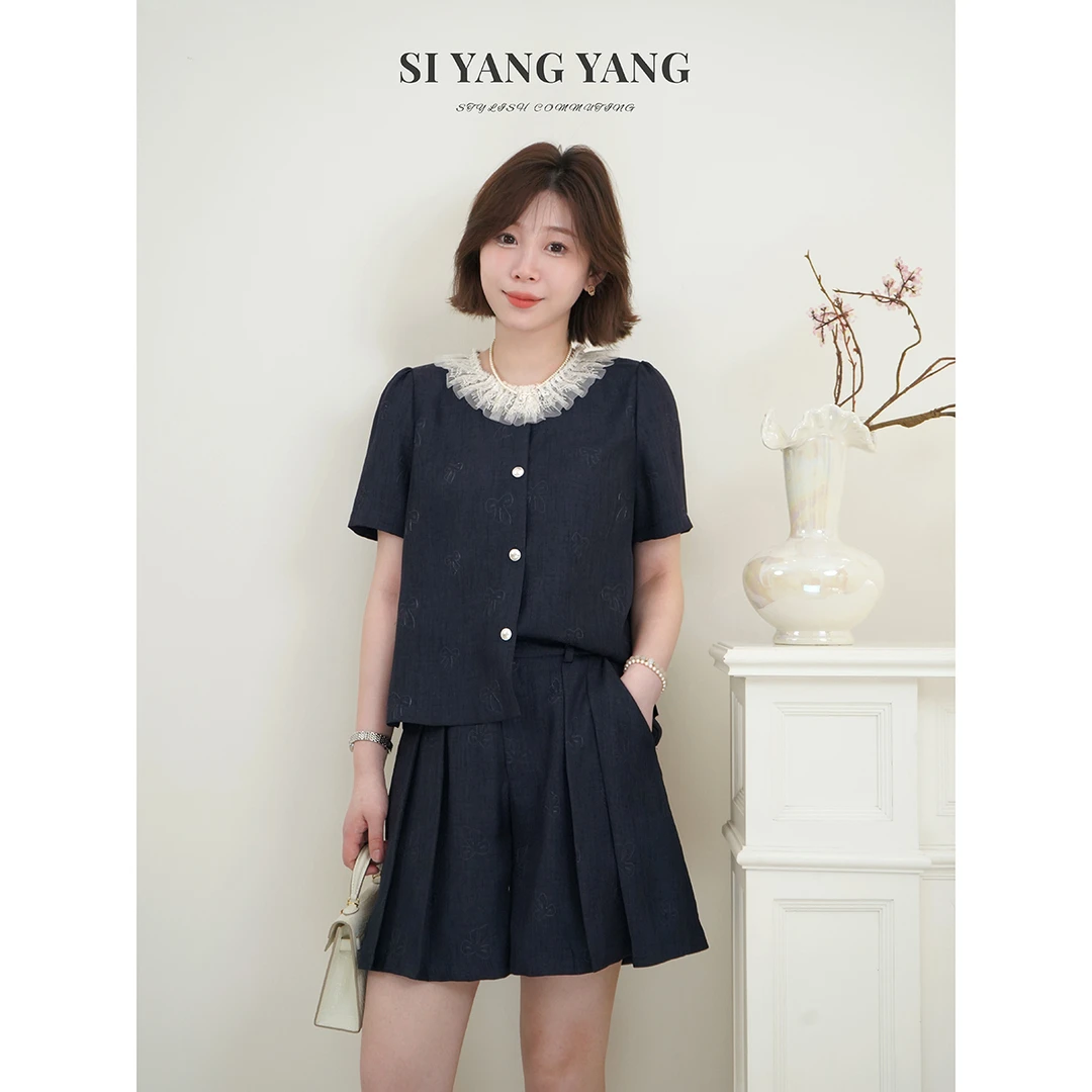 SIYANG蝴蝶结TR麻纱新款柔软舒适减龄通勤短裤套装TZ504A041SYY