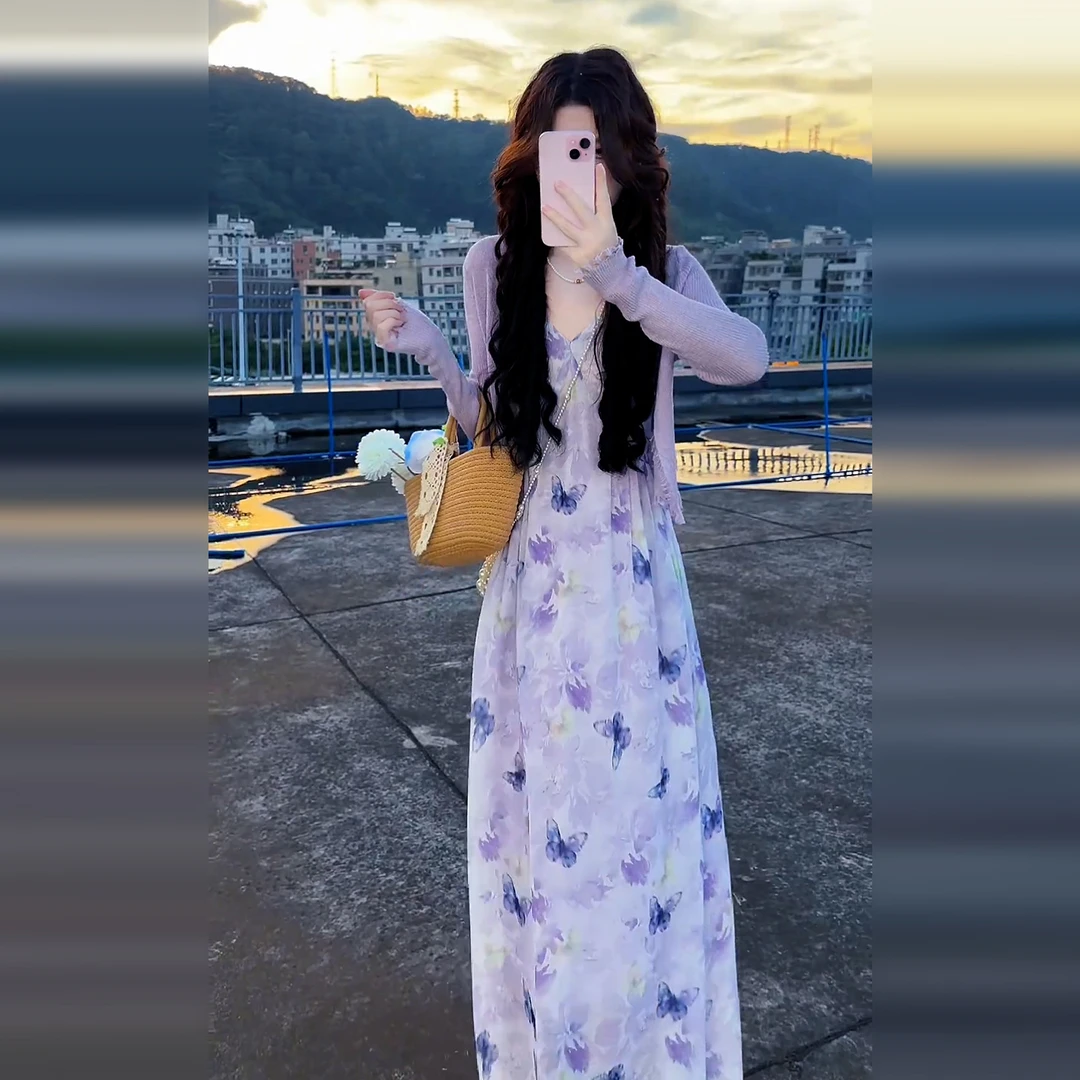 2025新款茶歇法式紫色碎花吊带连衣裙子女夏季海边度假风收腰长裙