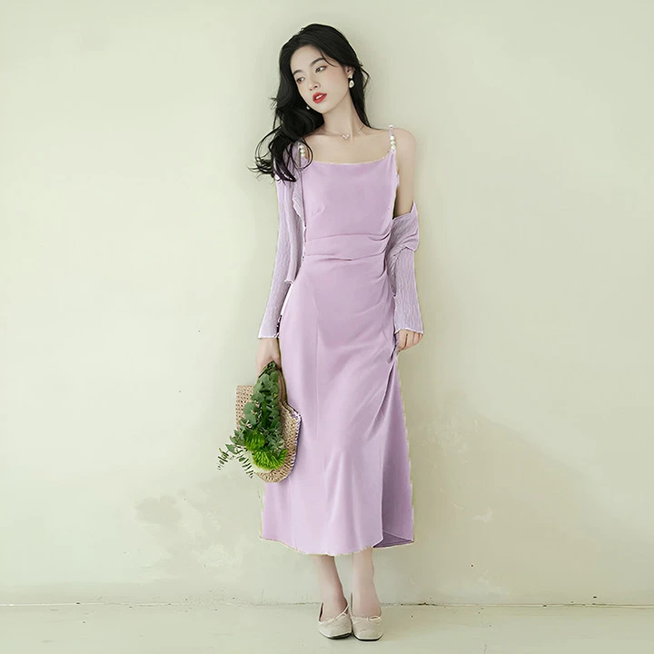 【四色】【两件套】法式连衣裙春夏2025超仙吊带针织开衫6904